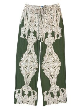 NWT CeCe Olive Green Wide-Leg flowy Pants with Cream & tan print SM
